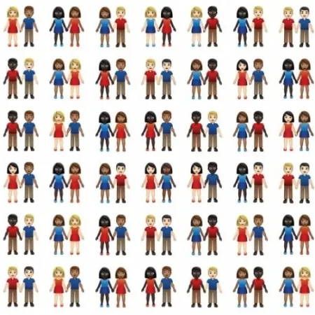 Grade de emojis de casais inter-raciais em vários tons de pele, adicionados pelo Unicode em 2019